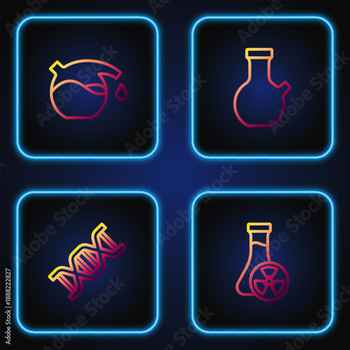 Set line Test tube with toxic liquid, DNA symbol, and . Gradient color icons. Vector