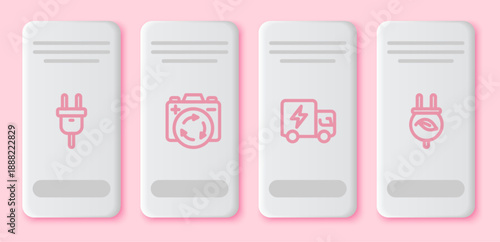 Set line Electric plug, Battery with recycle symbol, truck and saving in leaf. White rectangle button. Vector