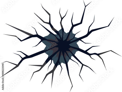 Cracked surface illustration a dark fissure radiating outward on a white background, concept art