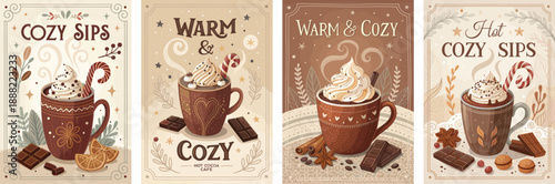Cozy winter beverage illustrations featuring cocoa, mugs, and sweet toppings.