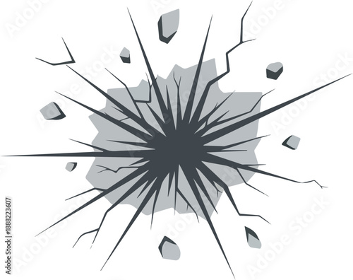 Abstract illustration of a burst effect with cracks and debris on a white background