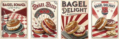 Delicious bagel-themed illustrations featuring cream cheese and toppings.