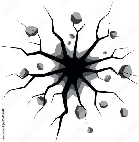 Abstract illustration of a crack with radiating lines and scattered rocks on a white background