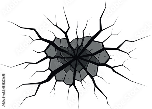 Cracked surface illustration with radiating lines on a white background Conceptual damage