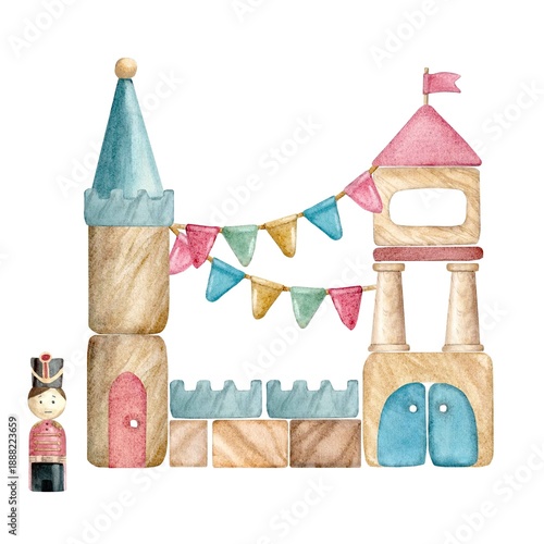 A castle made of wooden blocks for children with a soldier image and hand-drawn watercolors on an isolated white background, for creating compositions, decorating postcards, invitations, packaging.