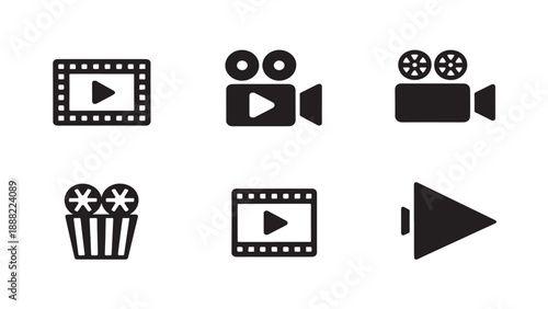Six black icons representing film, video, and entertainment elements in a clean two-row layout.