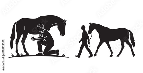 Set of horse silhouettes featuring men walking with a horse and checking  horse’s hoof 
