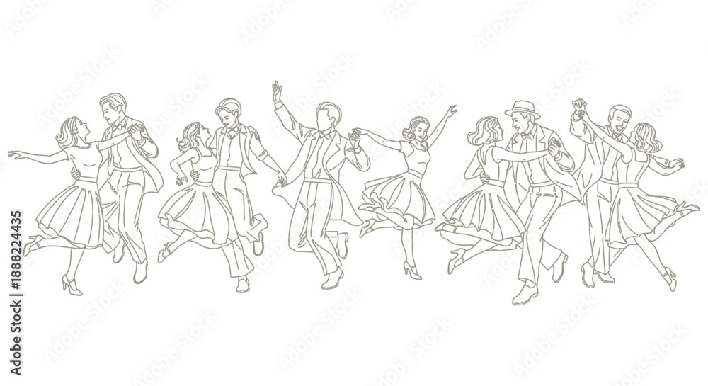 Fototapeta premium swing dance couples in energetic retro outline illustration for vintage party invitations event promotions and nostalgic lifestyle designs