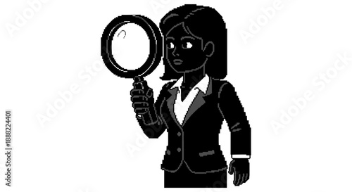 pixel art business woman holding a magnifying glass representing professional investigation meticulous research and strategic problem-solving.
