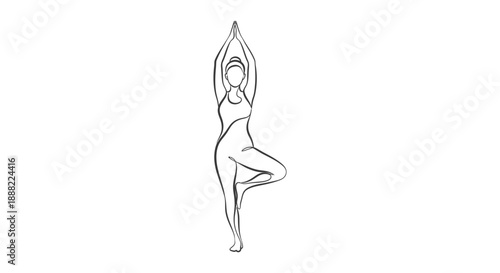 minimalist continuous line drawing of a woman in yoga tree pose representing balance wellness and a mindful lifestyle for various health projects