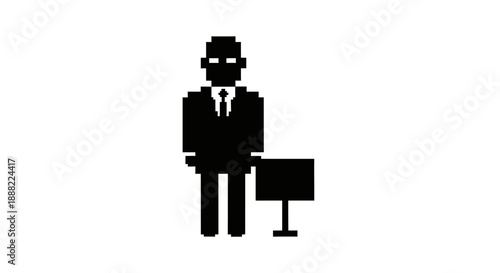 pixel art businessman with glowing eyes next to a blank screen perfect for illustrating digital identity artificial intelligence and corporate strategy.