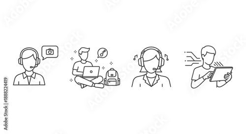 digital lifestyle concept illustrating various individuals using technology for remote work online communication and creative content creation.