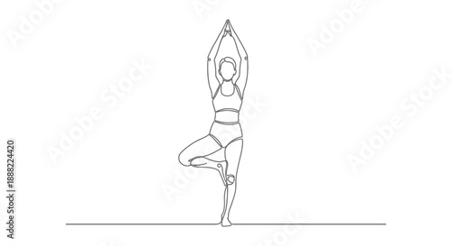 continuous line yoga pose of a woman balancing in tree pose illustrating wellness and mindful exercise for health and fitness content