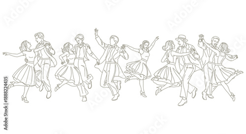 swing dance couples in energetic retro outline illustration for vintage party invitations event promotions and nostalgic lifestyle designs