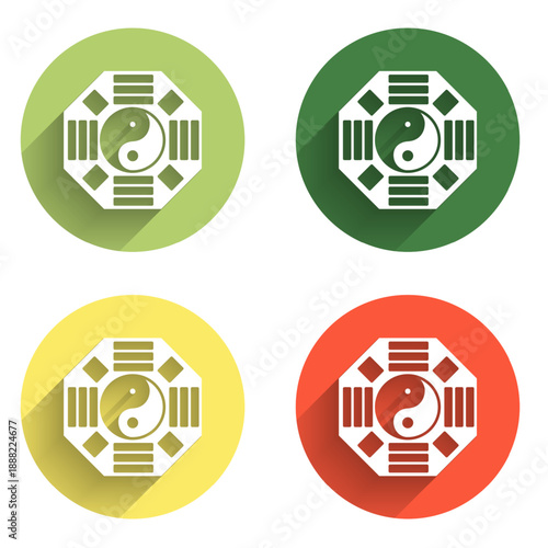 Set Yin Yang symbol of harmony and balance icon isolated with long shadow background. Color circle button. Vector