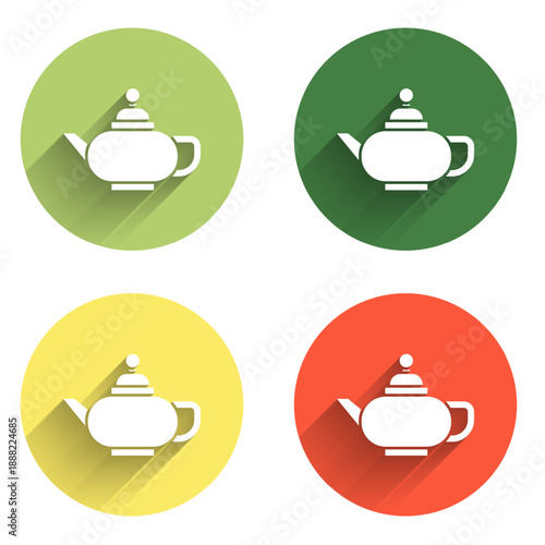 Set Traditional Chinese tea ceremony icon isolated with long shadow background. Teapot with cup. Color circle button. Vector