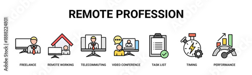 Remote Profession web banner icon vector illustration concept with icons of freelance work, remote working, telecommuting, video communication, task scheduling, time management, and performance.