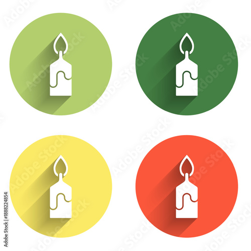 Set Burning candle icon isolated with long shadow background. Cylindrical candle stick with burning flame. Color circle button. Vector
