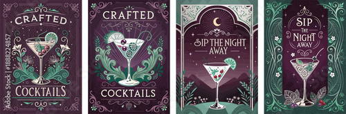 Set of decorative cocktail illustrations featuring elegant designs for night themes.