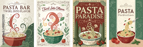 Set of four vibrant pasta-themed illustrations featuring decorative designs.