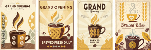 Stylish coffee shop opening posters featuring steaming mugs and warm tones.
