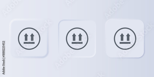 Grey This side up icon isolated on grey background. Two arrows indicating top side of packaging. Cargo handled. Set icons in square buttons. Vector