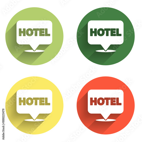 Set Location hotel icon isolated with long shadow background. Concept symbol for hotel, hostel, travel, housing rent, real estate. Color circle button. Vector