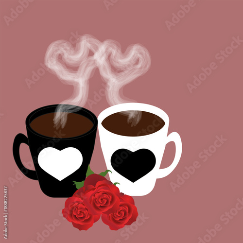 Two Coffee Cups with Heart Designs and Three Red Roses