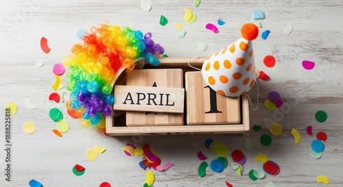 ' day celebration with colorful confetti and party hat on calendar april fools