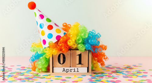 Vibrant ' day celebration with colorful decorations and confetti festive party hat and wooden calendar april fools