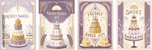 Stylized dessert graphics featuring elegant cake designs in soft purple hues.