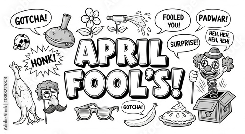 ' day celebration with cartoon characters and prank speech bubbles april fools
