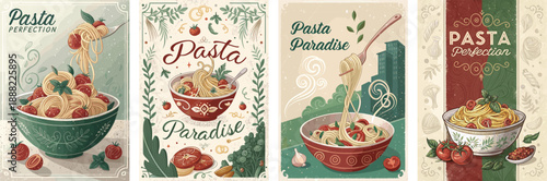 Vibrant pasta illustrations featuring bowls of spaghetti with tomatoes and herbs.