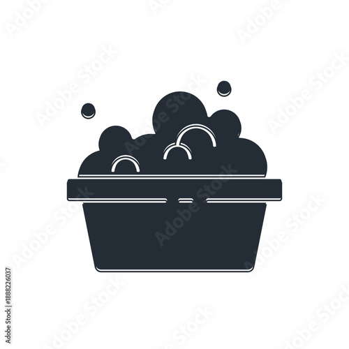 Black Plastic basin with soap suds icon isolated on white background. Bowl with water. Washing clothes, cleaning equipment. Vector