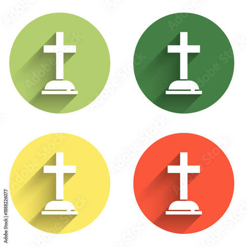 Set Tombstone with cross icon isolated with long shadow background. Grave icon. Color circle button. Vector