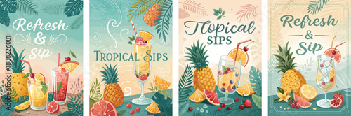 Vibrant tropical drink illustrations celebrating summer refreshment.