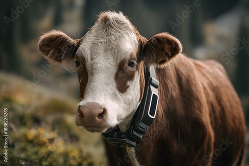 Wallpaper Mural A serene portrait of a domestic cow adorned with a GPS collar against a scenic backdrop, embodying the harmony between technology and nature. Torontodigital.ca