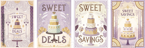 Vibrant promotional illustrations featuring decorative cakes and enticing text.