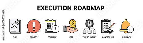 Execution Roadmap web banner icon vector illustration concept with icons of plan, priority, schedule, cost, time to market, controlling, reminder.