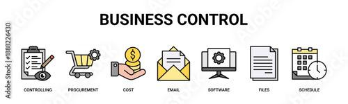 Business Control web banner icon vector illustration concept with icons of controlling, procurement, cost, email, software, files, schedule.