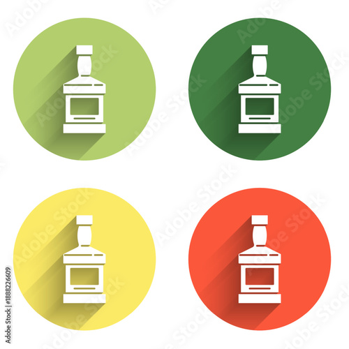 Set Whiskey bottle icon isolated with long shadow background. Color circle button. Vector