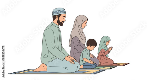 Illustration of a Muslim family praying together on a colorful prayer mat against a white background with a serene mood.