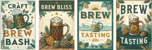 Vintage-style beer festival posters featuring mugs and hops illustrations.