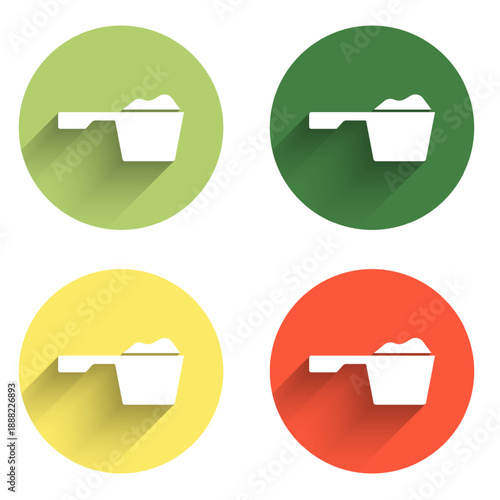 Set Washing powder in a measuring cup icon isolated with long shadow background. Color circle button. Vector