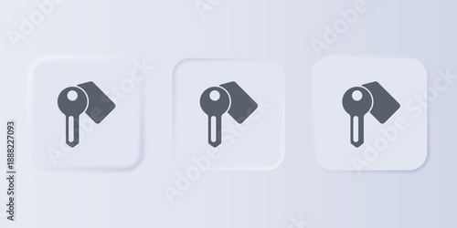 Grey Hotel door lock key icon isolated on grey background. Set icons in square buttons. Vector