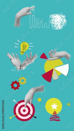 2D animation about main business concepts - sales increase. goal achievement. market share. marketing. leadership and idea