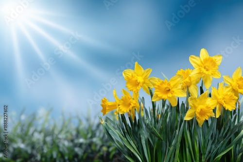 Bright yellow daffodils in sunlit field