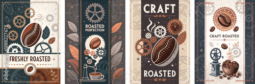 Artisan coffee packaging designs featuring gears and roasted beans.