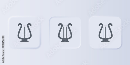 Grey Ancient Greek lyre icon isolated on grey background. Classical music instrument, orhestra string acoustic element. Set icons in square buttons. Vector