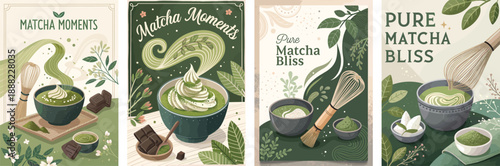 Artistic matcha illustrations featuring whisking, desserts, and natural elements.